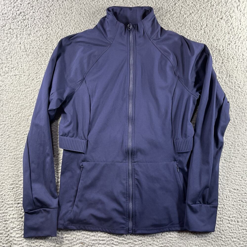 Fabletics Womens S Full Zip Athletic Jacket Navy Blue Ribbed Back Thumbholes